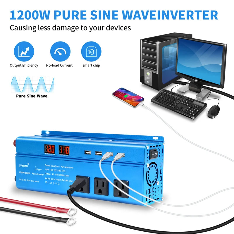 3000W Pure Sine Wave Power Inverter DC12V to AC220V/110V EU US AU Socket USB LED Display
