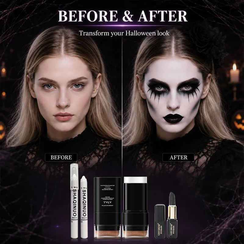 Halloween Gothic Makeup Set with White Foundation, Black Face Paint & Highlighter