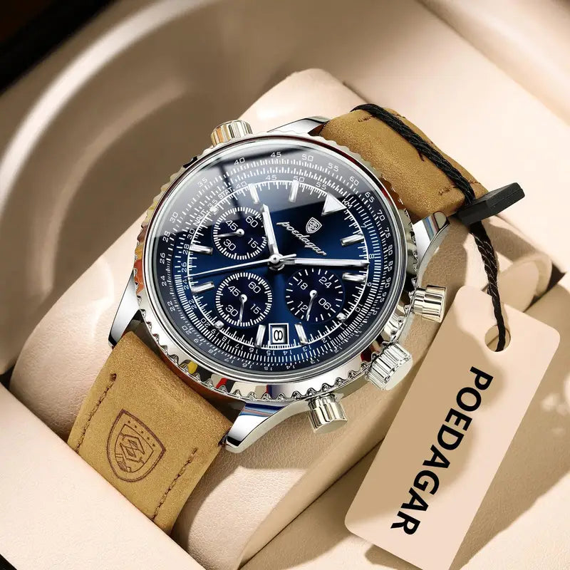 Luxury Men's Waterproof Luminous Chronograph Watch with Leather Strap