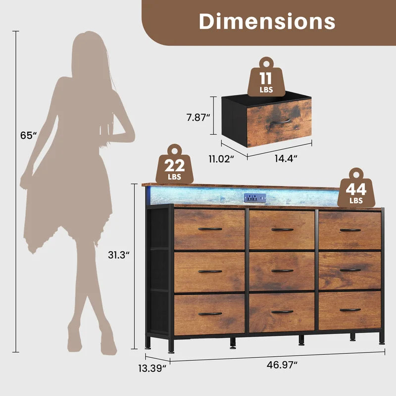 Living Room TV Stand Cabinet with 9 Fabric Drawers and Wood Top, Modern Media Console