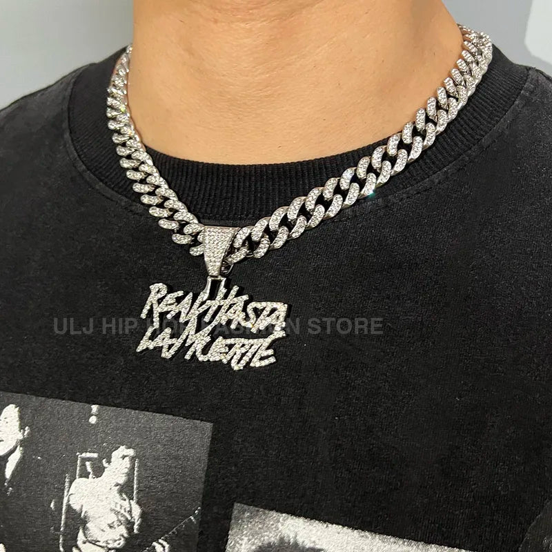 Men Women Hip Hop Iced Out Letter Pendant Necklace 12MM Cuban Chain Jewelry