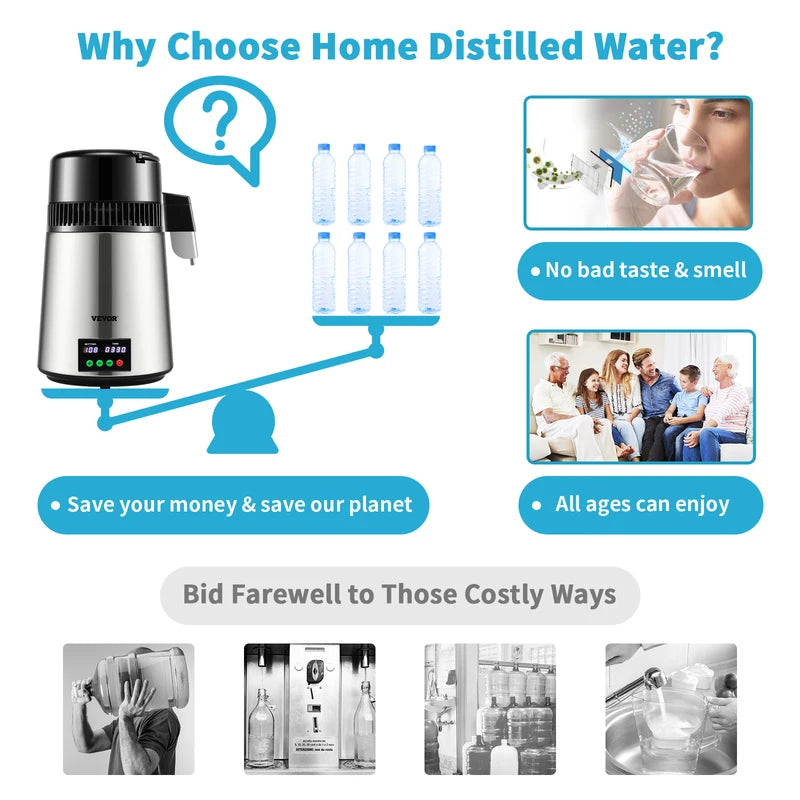 Water Distiller Purifier with Touch Screen 4L Capacity Home Use, Fast 1 L/H