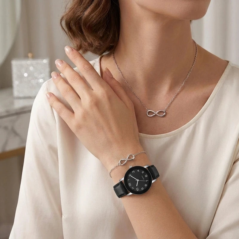 Women’s Fashion Watch Set with Necklace and Bracelet - Leather Strap, Quartz Movement, Multiple Colors