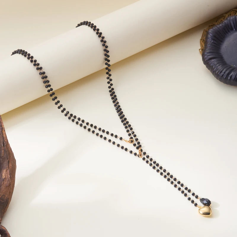 Bohemian Black Beads Tassel Necklace with Heart Pendant & Y-Shape Chain for Women Party Jewelry