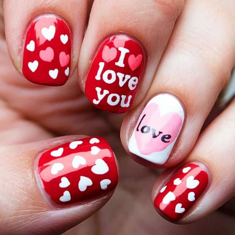 24Pcs Short Square Fake Nails for Menicure - Press On Nail Set with Pink Love Heart Print