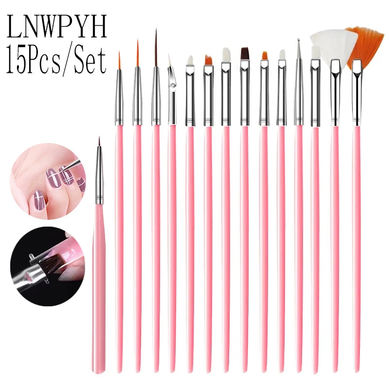 15Pcs Nail Art Liner Brush Set for UV Gel, French, Flower, Painting, Drawing