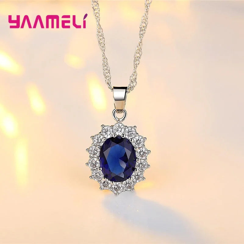 Sterling Silver Wedding Engagement Jewelry Set with Necklace Earrings Ring - Princess Oval Zircon
