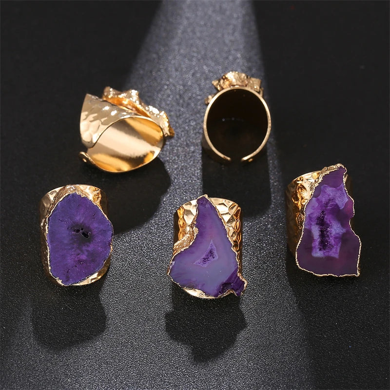 Natural Agate Stone Wide Open Adjustable Ring for Women Boho Jewelry
