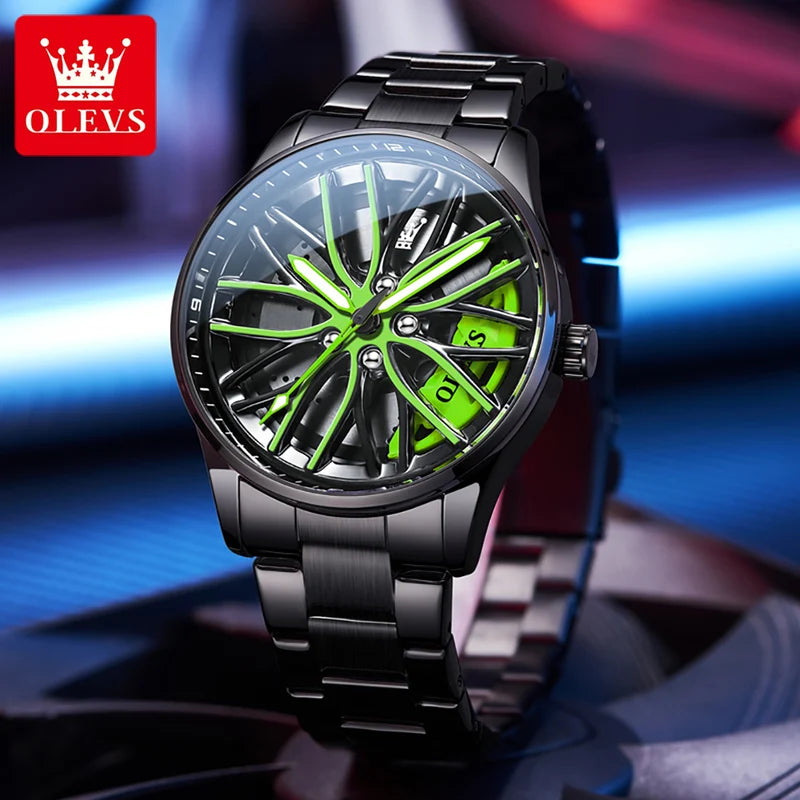 Men's Quartz Watch with Luminous Dial Waterproof Stainless Steel Rotatable Wheel Hub
