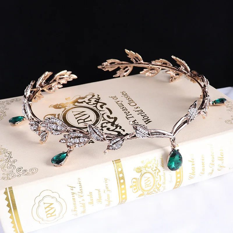 Vintage Fairy Crown Tiara with Emerald Green Crystals for Women Costume Hair Jewelry