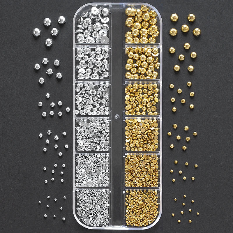 Half Round Flatback Nail Rhinestones & Pearls - Multi-Size Gold & Silver Embellishments