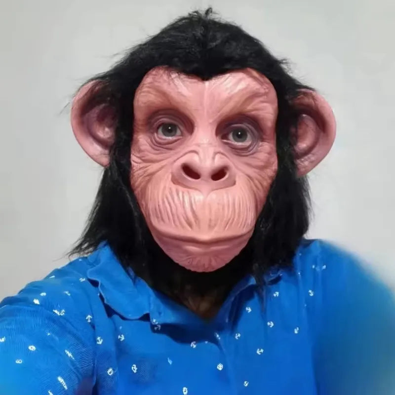Latex Monkey Mask with Wig Funny Full Face Animal Costume Prop for Halloween & Parties