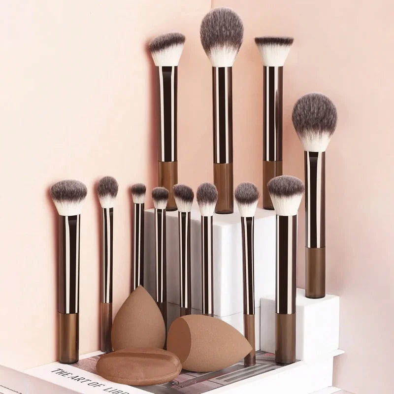 12-Piece Professional Makeup Brush Set with Sponges & Puff - Travel Friendly