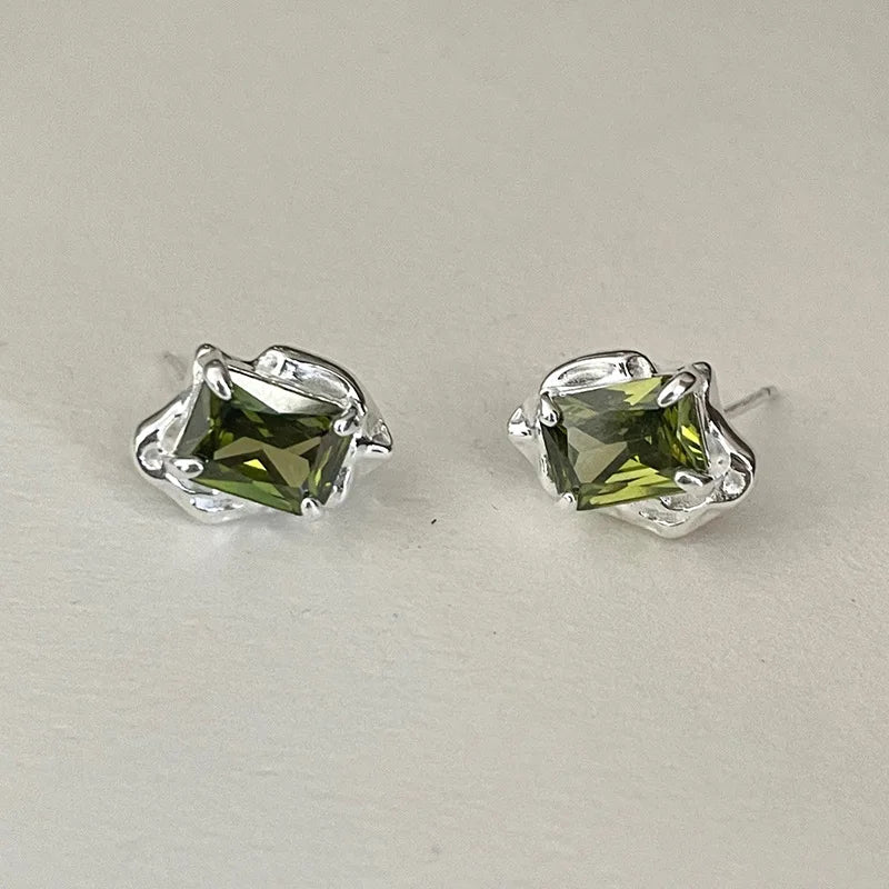 Sterling Silver Stud Earrings with Green Square Crystal & Lava Design for Women Girls