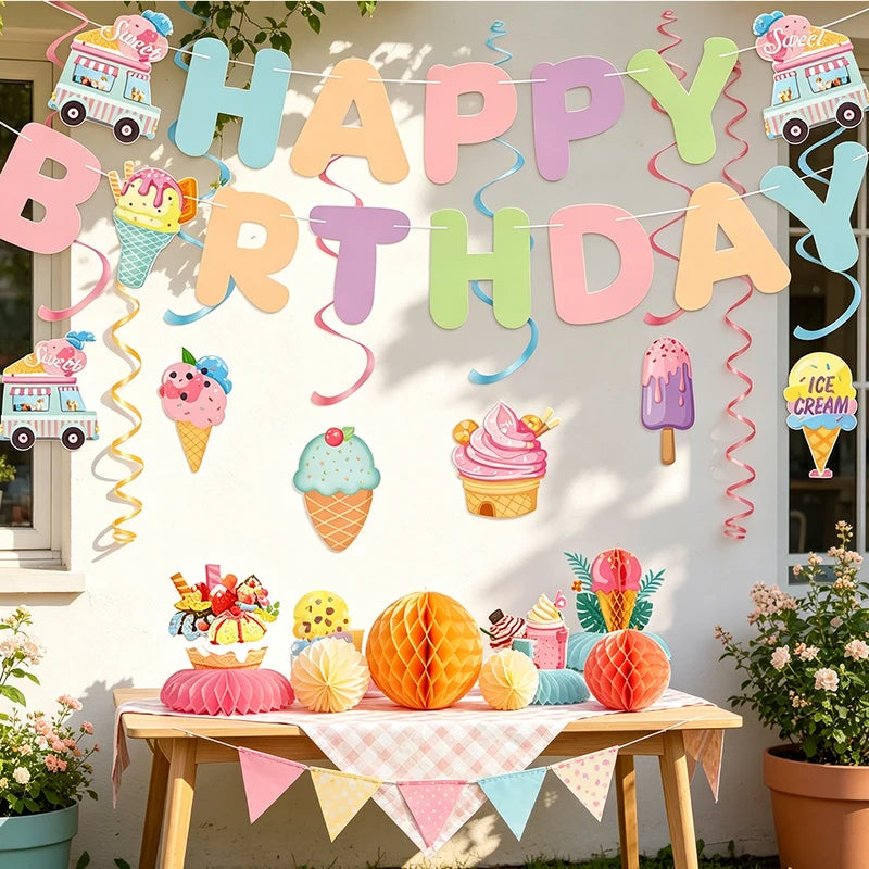 Ice Cream Themed Party Decorations Set - Birthday Banner & Honeycomb Ornaments