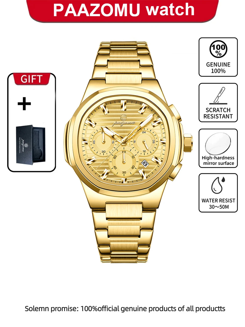 Men's Waterproof Stainless Steel Chronograph Watch with Luminous Dial and Date Function