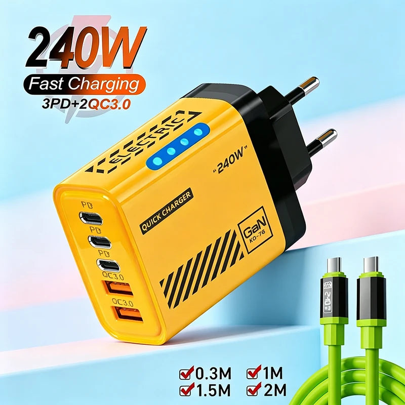 240W GaN Travel Charger 5-in-1 USB-C Fast Charging Adapter for Phones