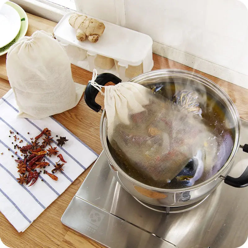 5 Pack Cotton Mesh Filter Bags for Herbs Spice Straining & Cooking - Reusable Kitchen Tool