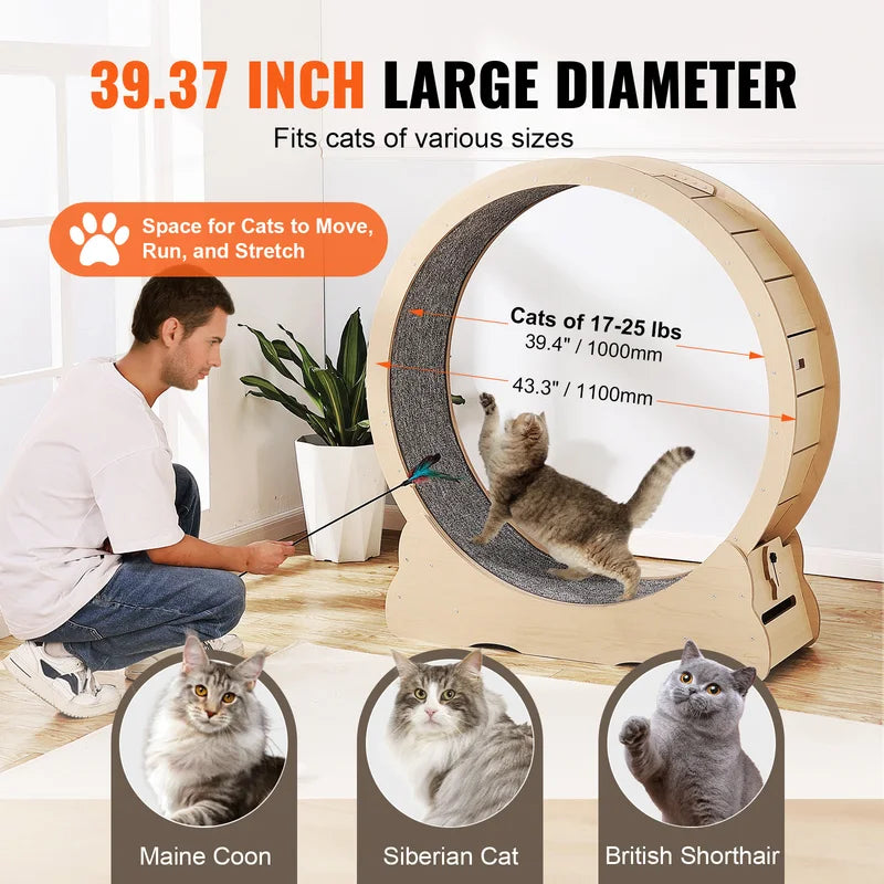 Large Wooden Cat Exercise Wheel with Detachable Carpet & Teaser - Quiet Indoor Treadmill for Cats