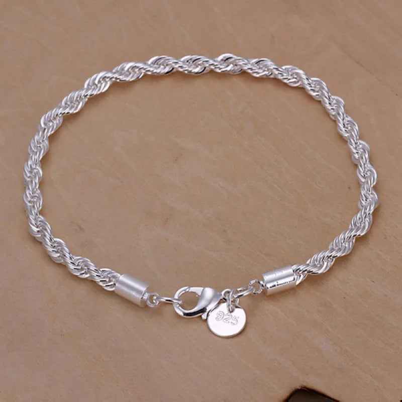 Silver Plated Twisted Rope Bracelet for Women & Men - 8 Inch Jewelry Chain