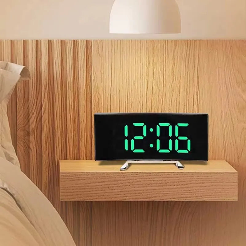 Large Mirror LED Alarm Clock with Silent Operation - Modern Curved Design, Desktop Clock for Living Room & Bedroom