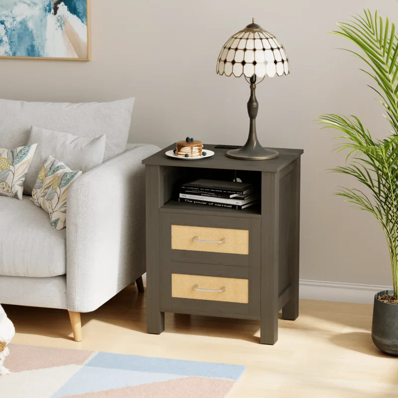 Rattan Nightstand with 2 Drawers & Storage Shelf - Farmhouse Boho Bedside Table