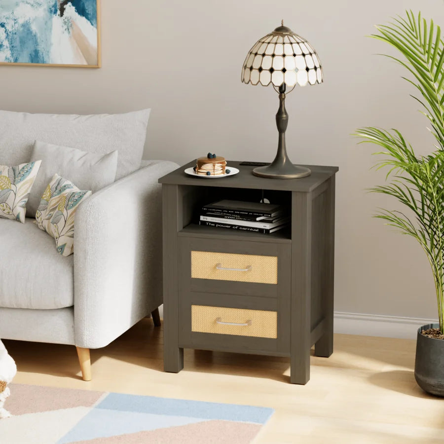 Rattan Nightstand with 2 Drawers & Storage Shelf - Farmhouse Boho Bedside Table