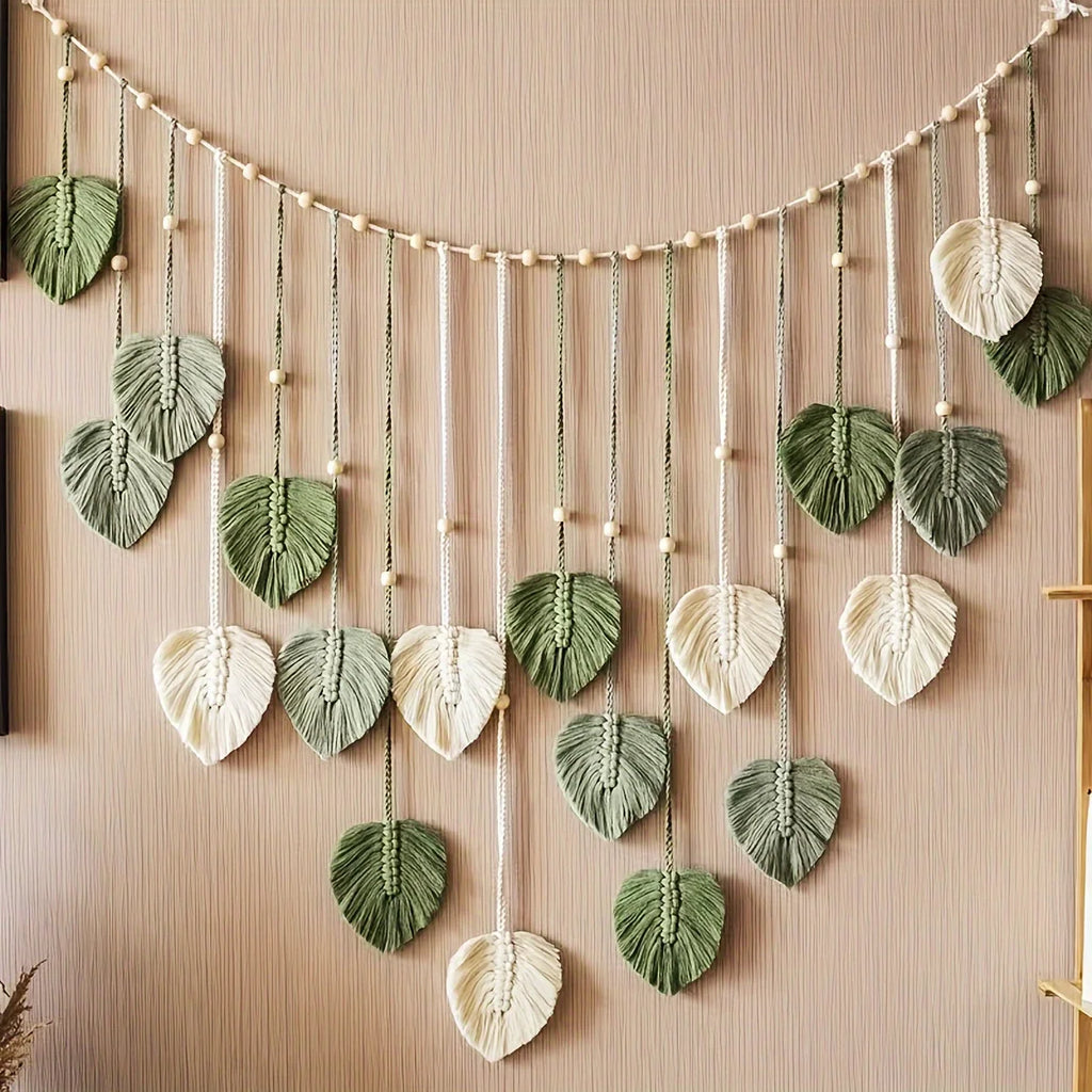 Woven Wall Decor with Green Leaves and Feathers - Bohemian Style Home Art