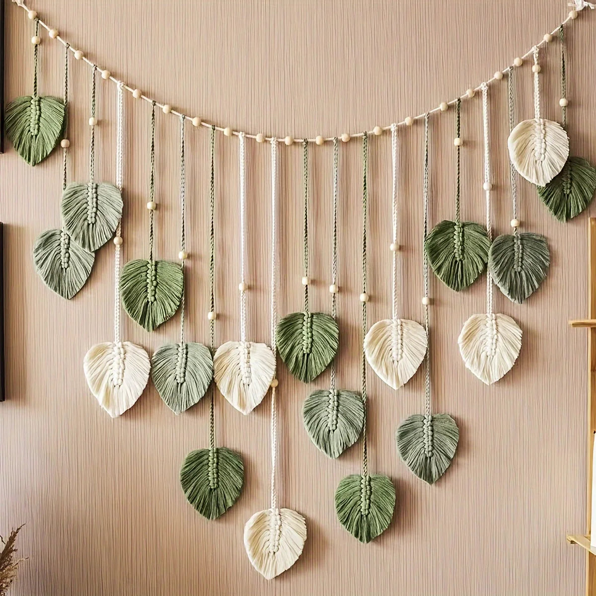 Woven Wall Decor with Green Leaves and Feathers - Bohemian Style Home Art