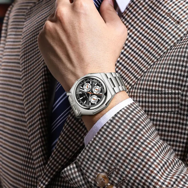 Men's Waterproof Chronograph Watch with Luminous Dial and Stainless Steel Band