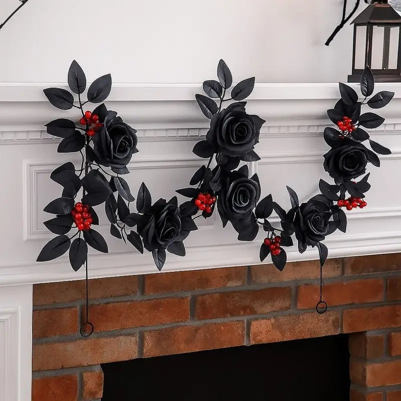 Black Halloween Rose Leaf Vines 175cm Artificial Flowers Garland for Decor