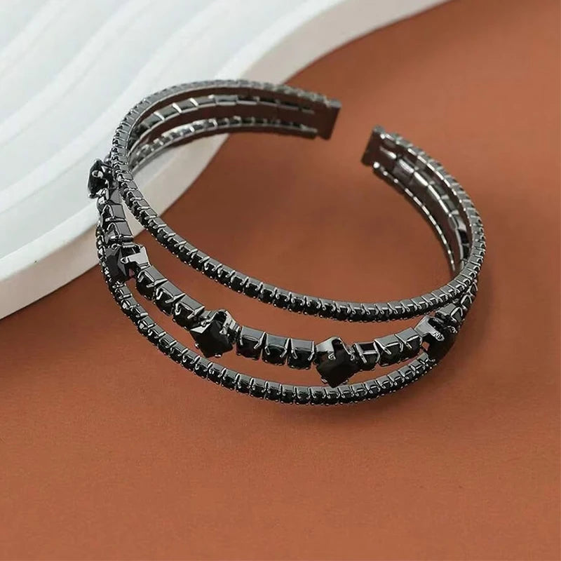 Gothic Black Open Ended Elastic Bracelet for Women 3-Row Zirconia Inlaid Copper Jewelry