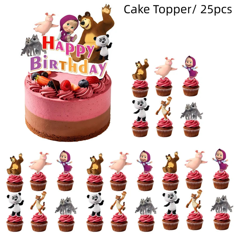Masha and the Bear Birthday Party Decoration Kit with Balloons and Backdrop - Girls Cartoon Theme, Disposable Tableware, All Variants