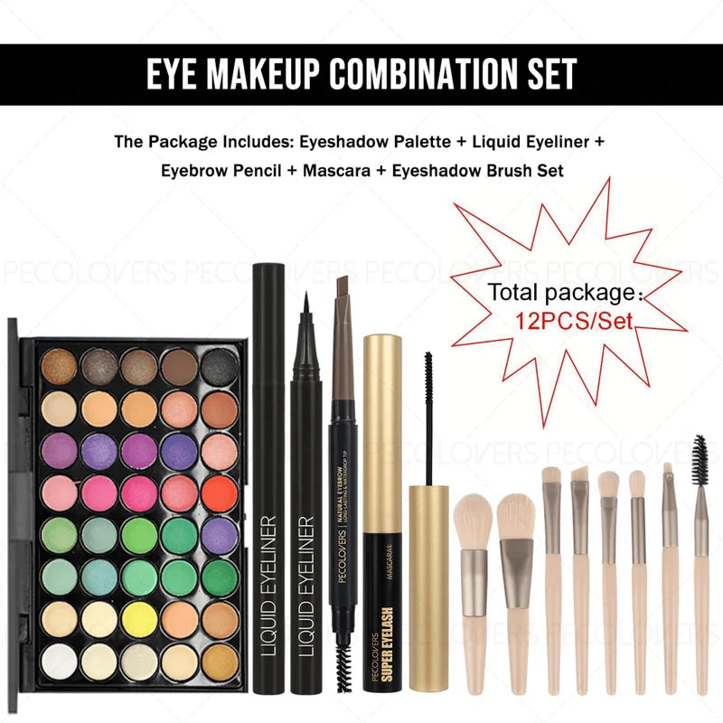 12-Piece Eye & Brow Makeup Set with 40 Shades, Waterproof Liquid Eyeliner, Mascara & Brushes