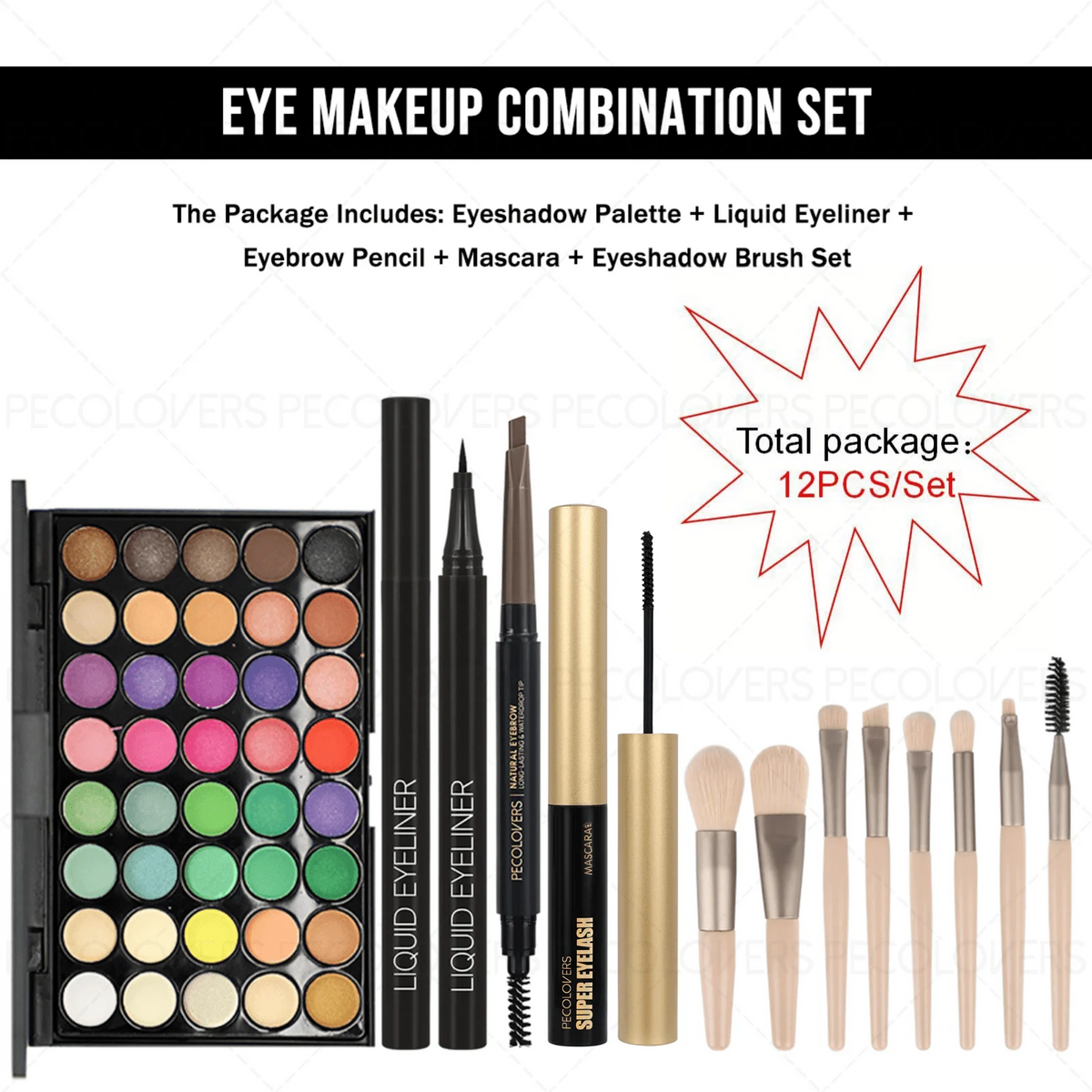 12-Piece Eye & Brow Makeup Set with 40 Shades, Waterproof Liquid Eyeliner, Mascara & Brushes