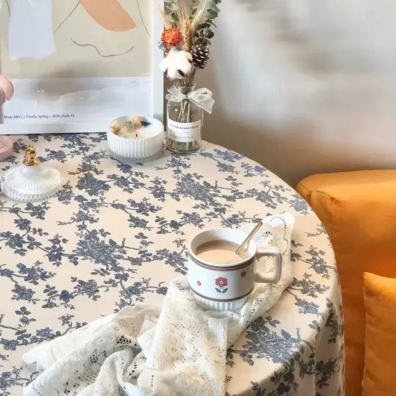 Floral Linen Cotton Round Tablecloth - Rustic Farmhouse Picnic Decor