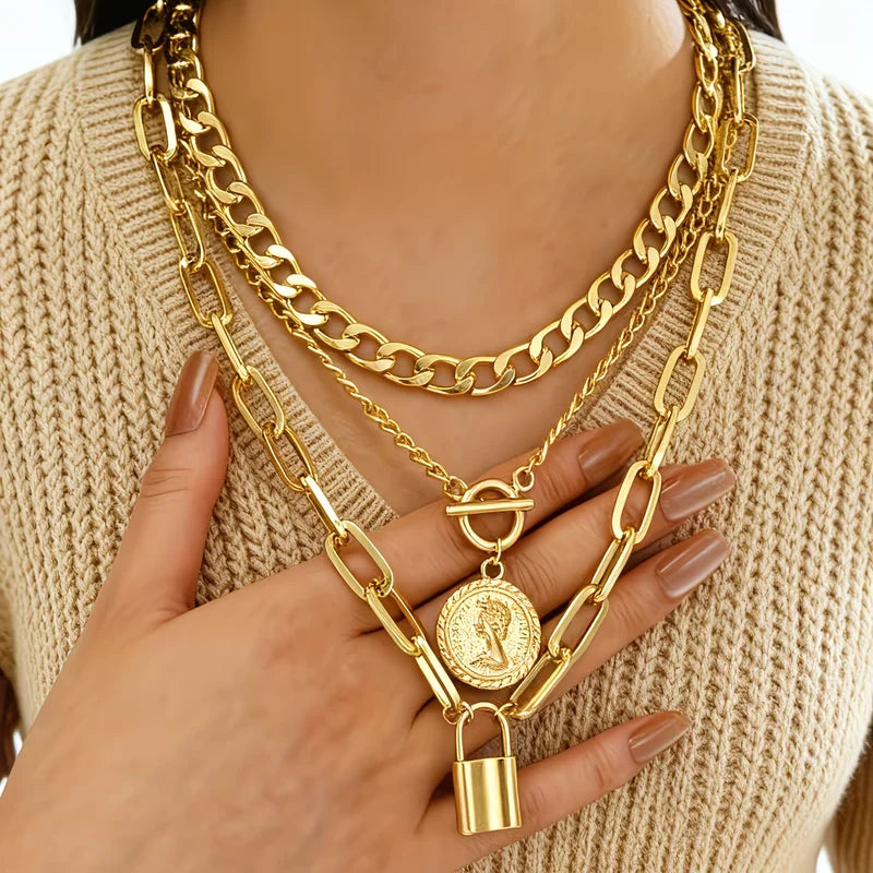 Vintage Multi-Element Pendant Necklace Set with Cross Lock Buckles - 6 or 3 Pieces