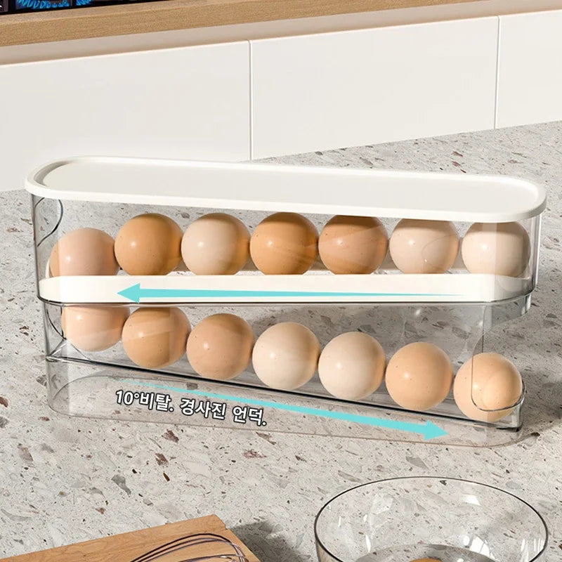 Bi-Layer Egg Storage Box with Automatic Rolling Rack - Refrigerator Egg Organizer