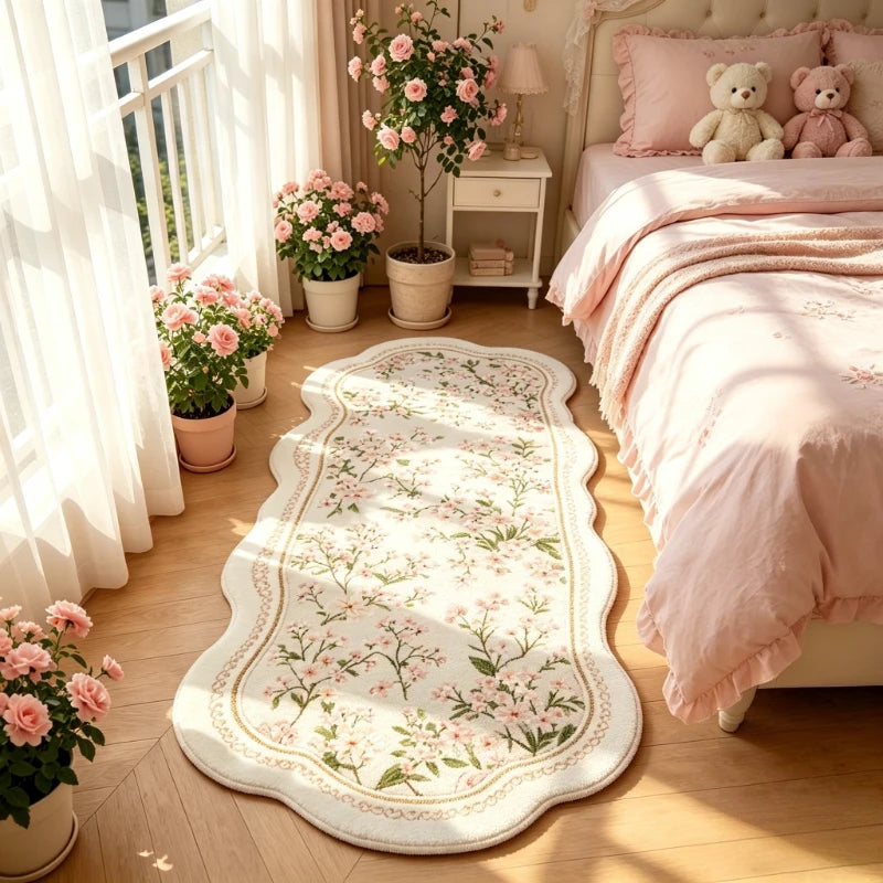 Fluffy Pink Flower Bedroom Rug - Irregular Soft Floor Mat for Living Room & Home Decor