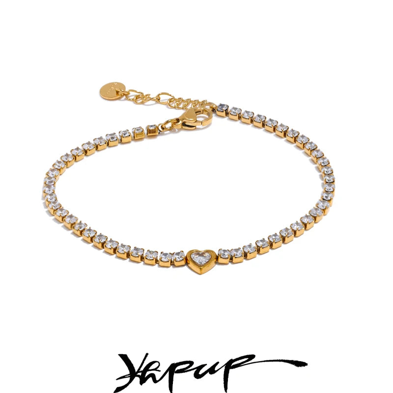 Delicate Heart Chain Bracelet Bangle with Cubic Zirconia Stainless Steel Jewelry