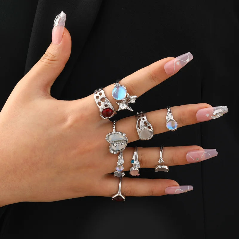 9pcs Y2K Crystal Heart Open Rings Set for Women Girls - Vintage Punk Jewelry