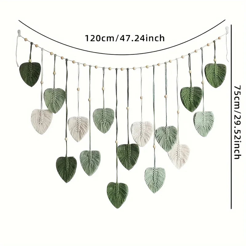 Woven Wall Decor with Green Leaves and Feathers - Bohemian Style Home Art