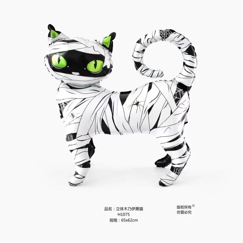 Halloween Black Cat Balloon Decoration with 4D Cartoon Standing Design, Green Eyes, Aluminum Foil, Binding Cloth Style