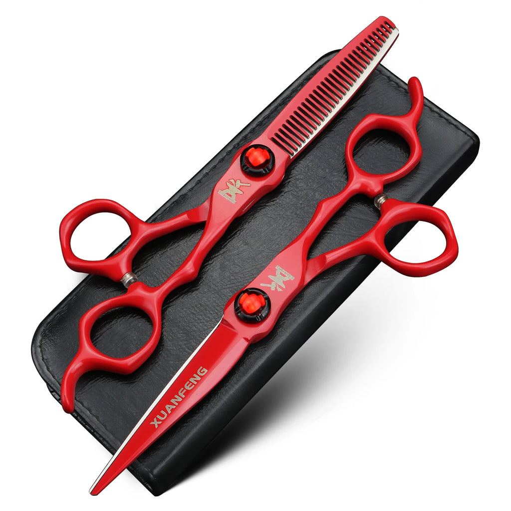 6 Inch Hair Cutting & Thinning Scissors - Red, Green, Black - Professional Salon Style
