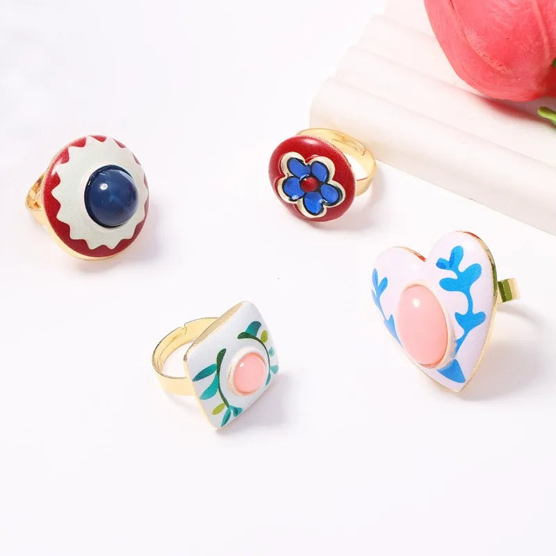Retro Bohemian Floral Enamel Adjustable Ring Set - Heart Square Round Jewelry