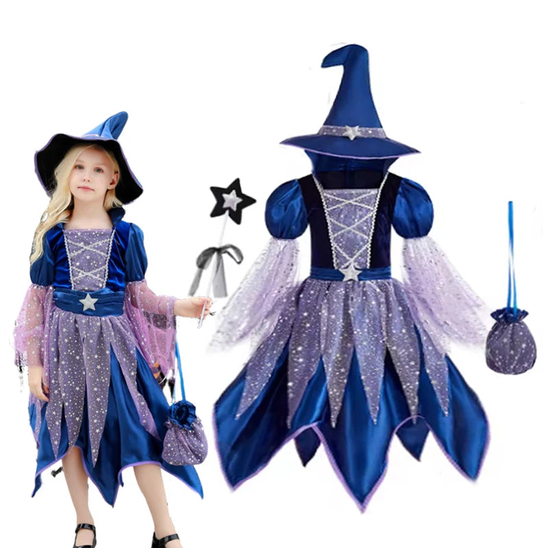 Girls Witch Costume Dress with Hat, Wand & Bag for Halloween Party Kids Cosplay