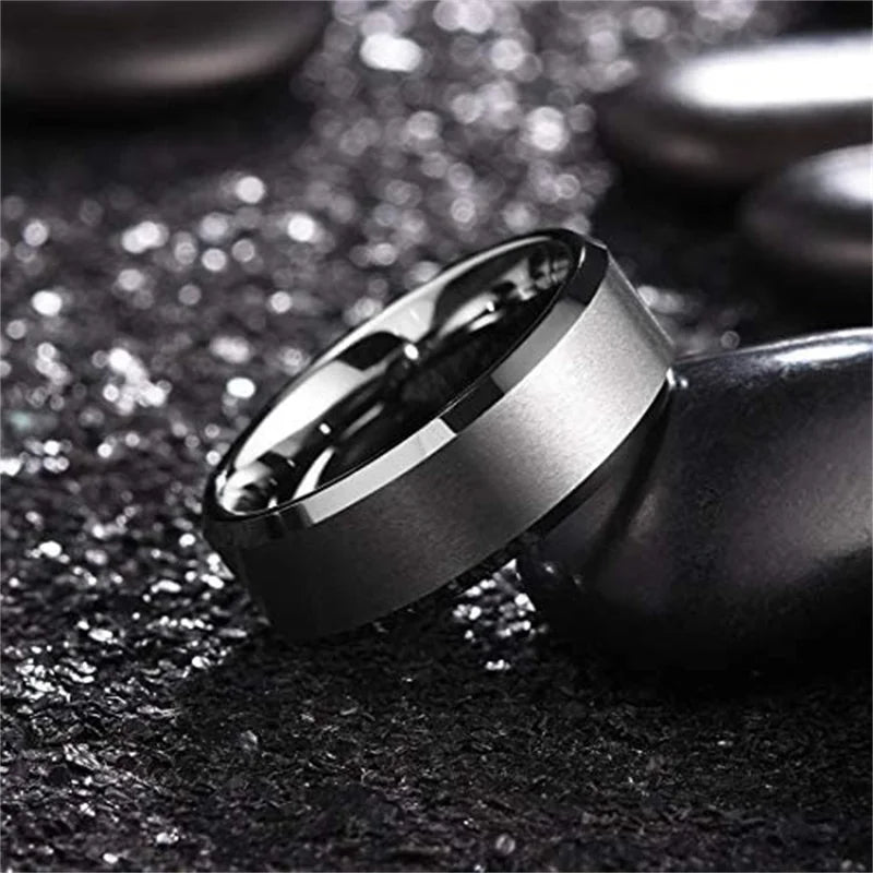 Men Women 8mm Stainless Steel Wedding Ring Beveled Edge Matte Finish Jewelry