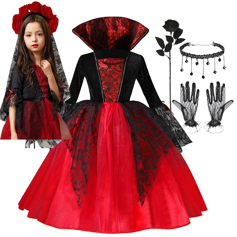 Kids Vampire Costume Dress for Halloween Girls Gothic Ghost Party Outfit