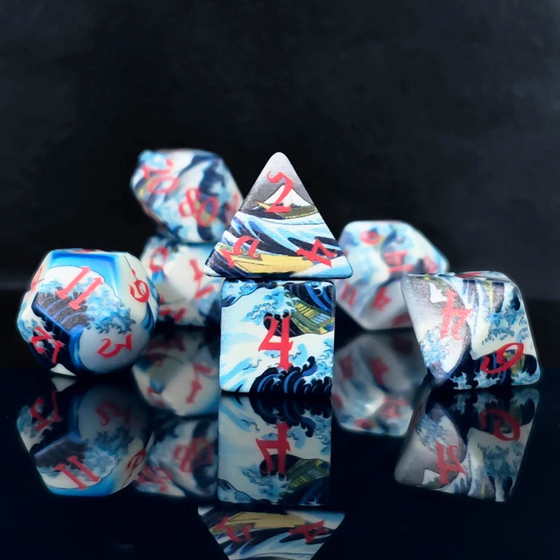Colorful 7-Piece Wave Print Dice Set for DND RPG Board Games