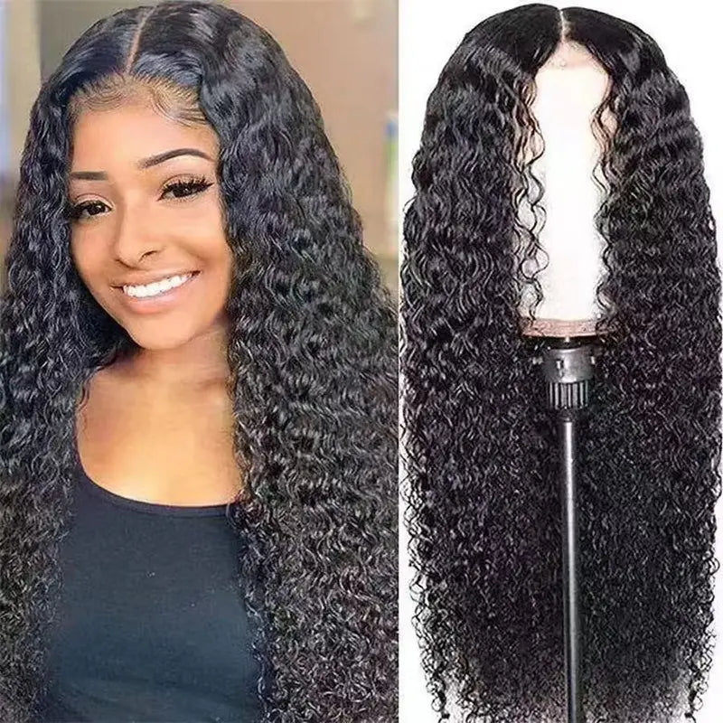 Women Black Water Wave Wig with Big Curly Middle Part - Fluffy Synthetic Full Wig